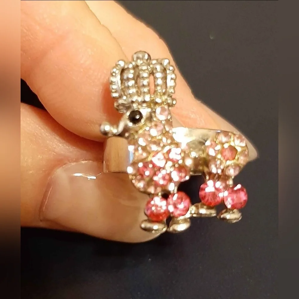 Vintage Pink Rhinestones Poodle Silver Tone Adjustable Ring